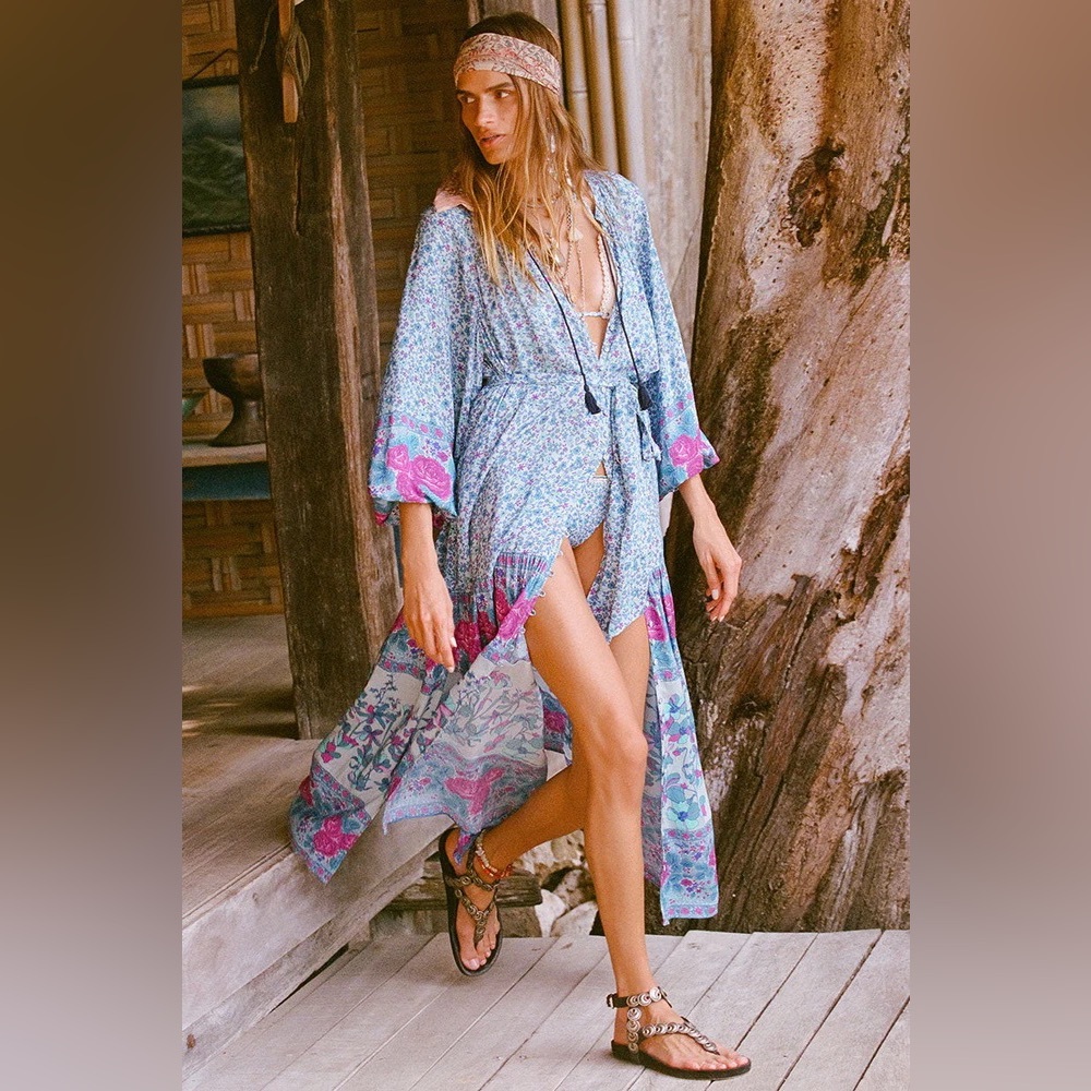 Spell Love Jetty Nirvana Blue Floral Maxi Gown Kimono, Small, NWT